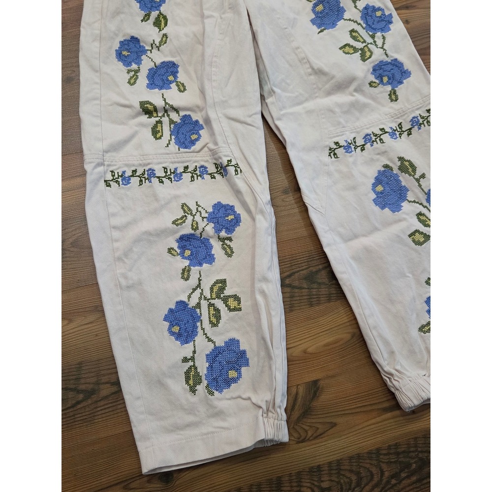 Boho Cottage Core Magnolia Cream Floral Barrel Embroidered Cotton Jogger Small - Picture 2 of 6